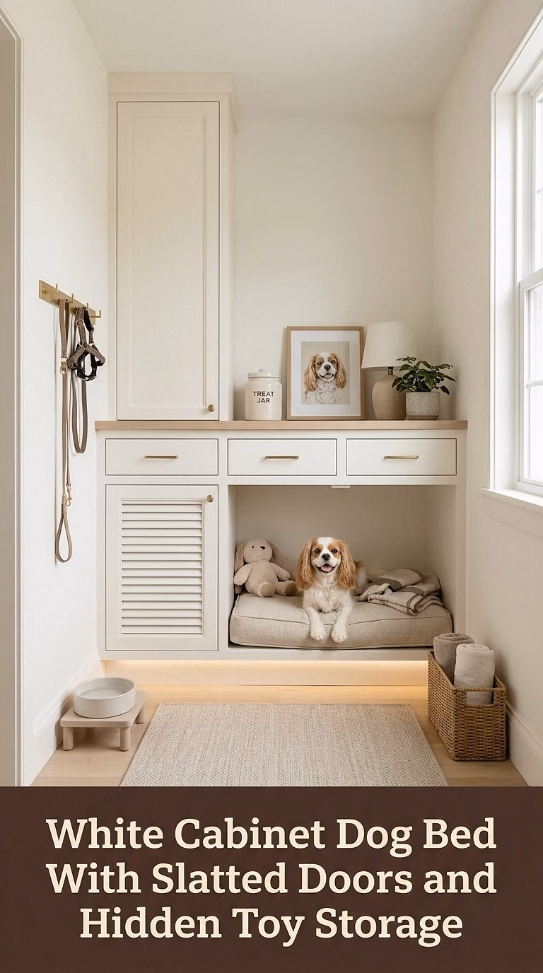 9. White Cabinet Dog Bed With Slatted Doors and Hidden Toy Storage
