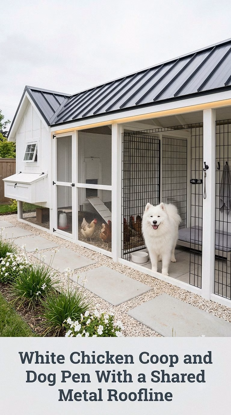 White Chicken Coop and Dog Pen With a Shared Metal Roofline