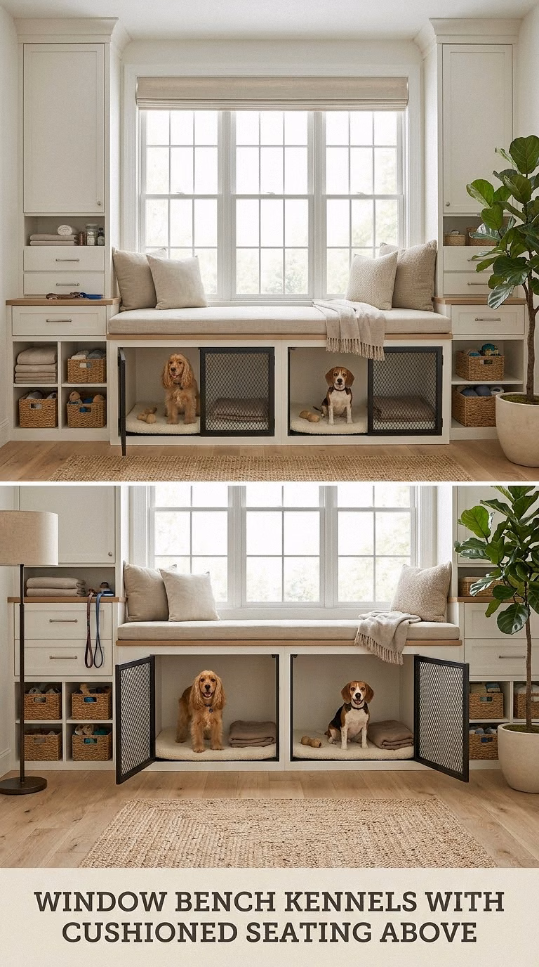 Window Bench Kennels With Cushioned Seating Above