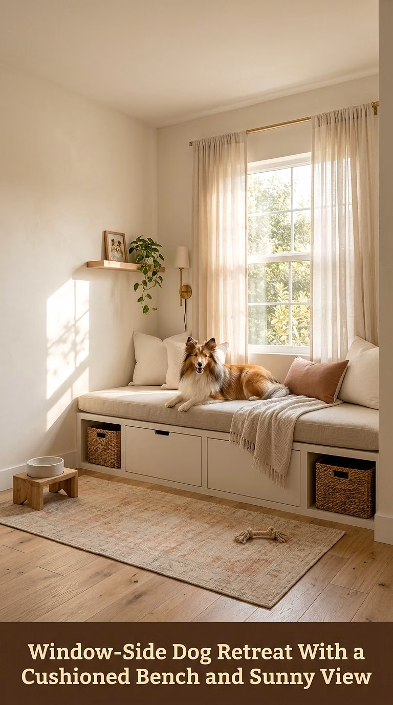 9. Window-Side Dog Retreat With a Cushioned Bench and Sunny View