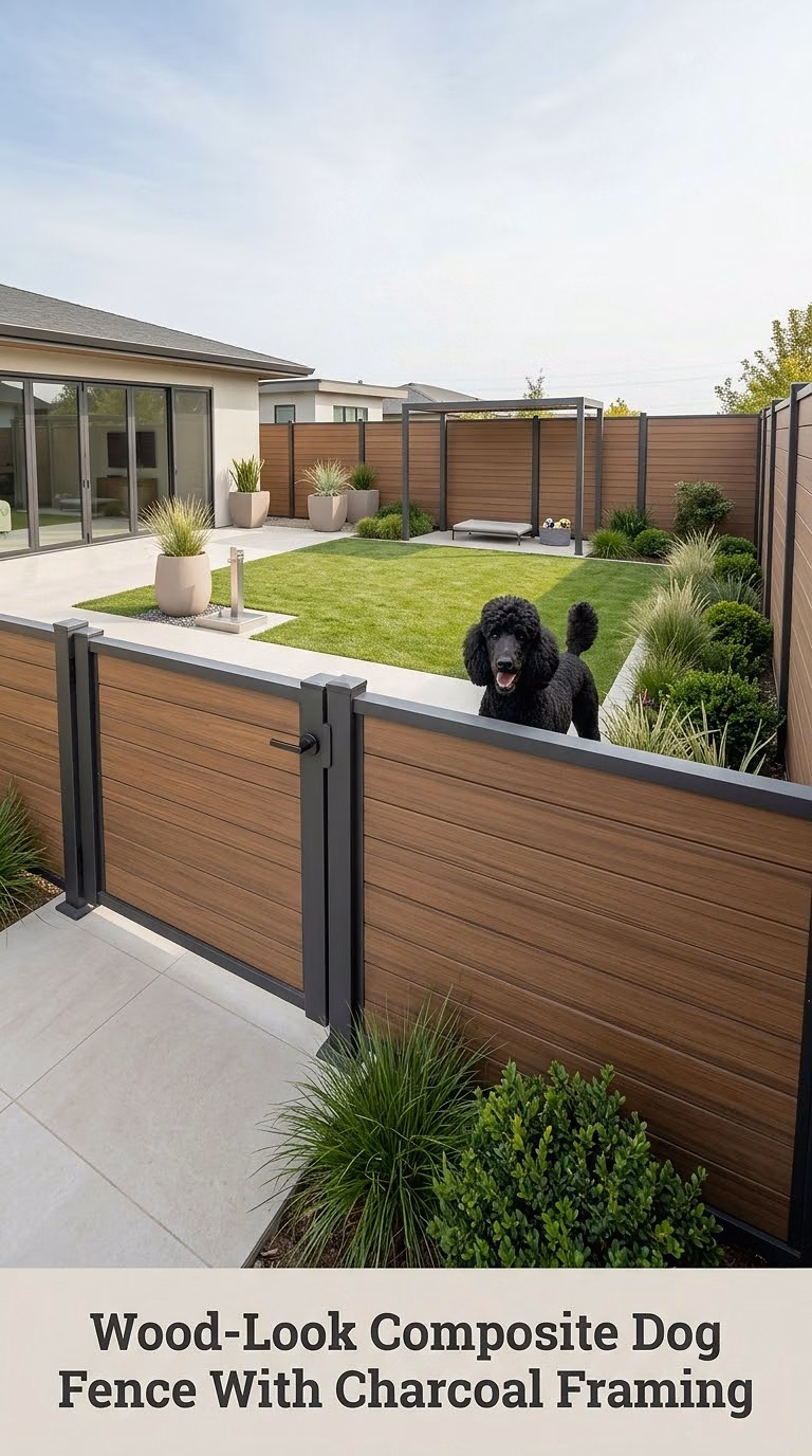 Wood-Look Composite Dog Fence With Charcoal Framing