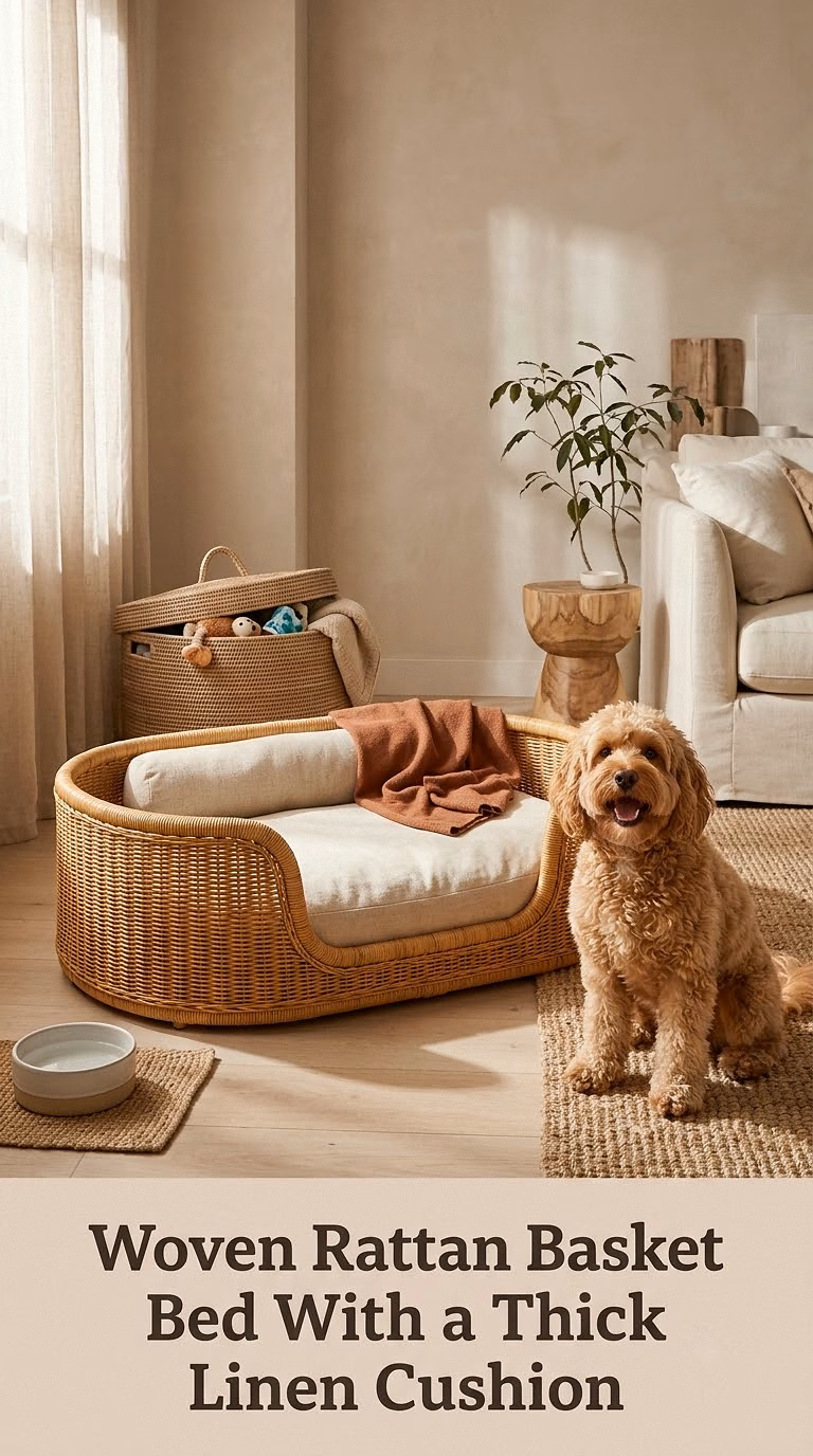 Woven Rattan Basket Bed With a Thick Linen Cushion