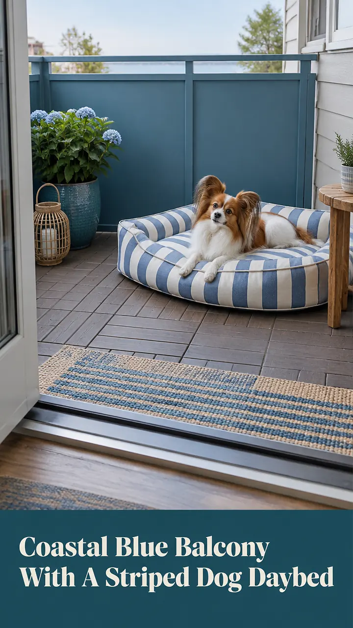 Coastal Blue Balcony With A Striped Dog Daybed