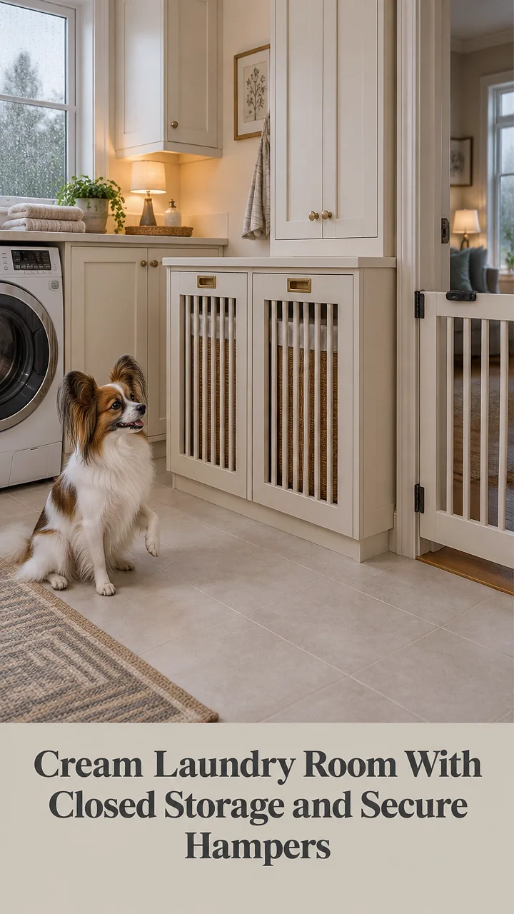 Cream Laundry Room With Closed Storage and Secure Hampers