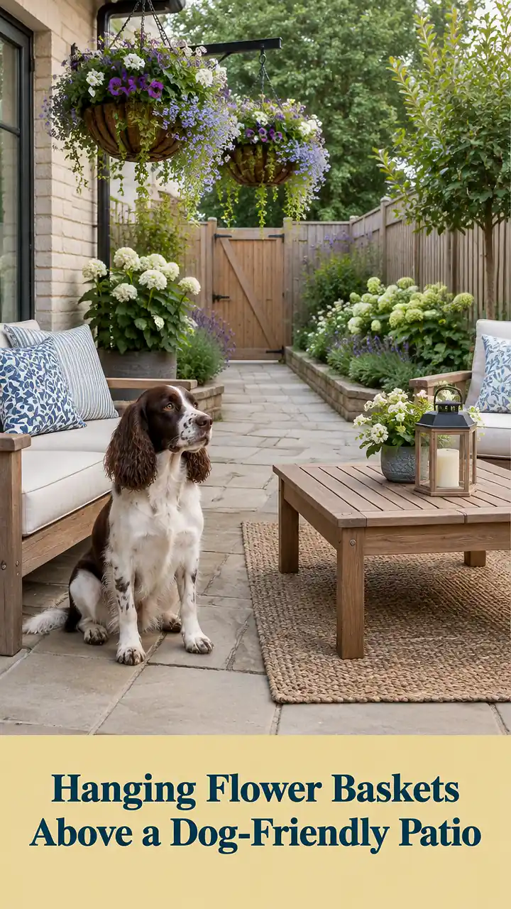 Hanging Flower Baskets Above a Dog-Friendly Patio