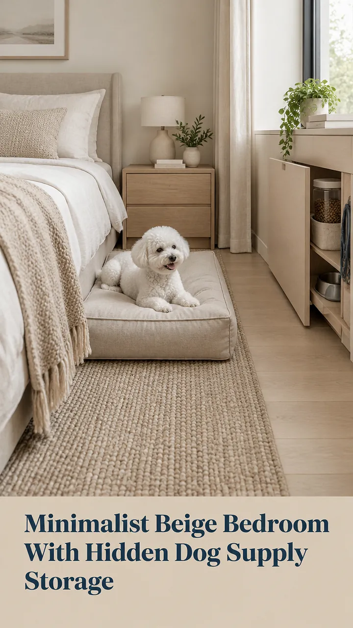 Minimalist Beige Bedroom With Hidden Dog Supply Storage