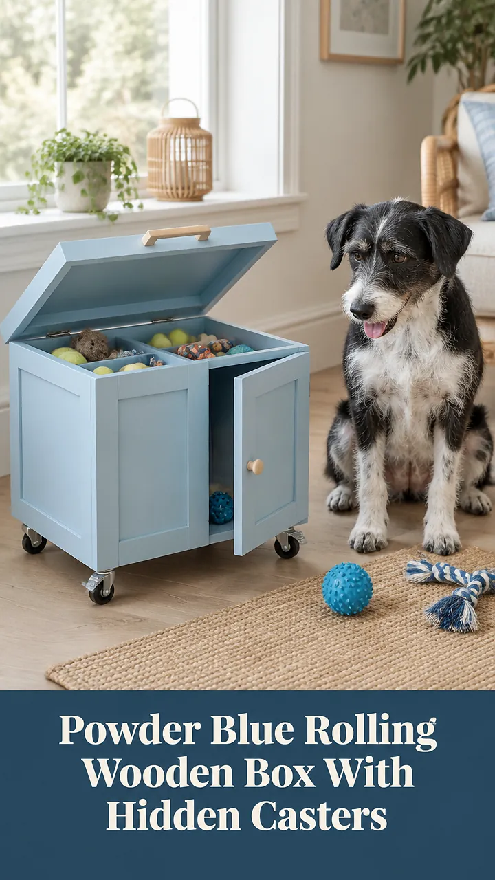 Powder Blue Rolling Wooden Box With Hidden Casters