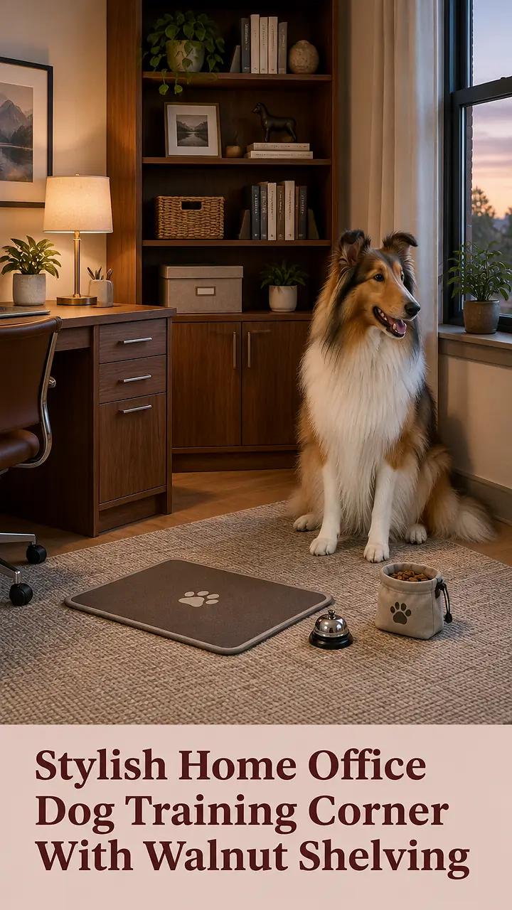 Stylish Home Office Dog Training Corner With Walnut Shelving