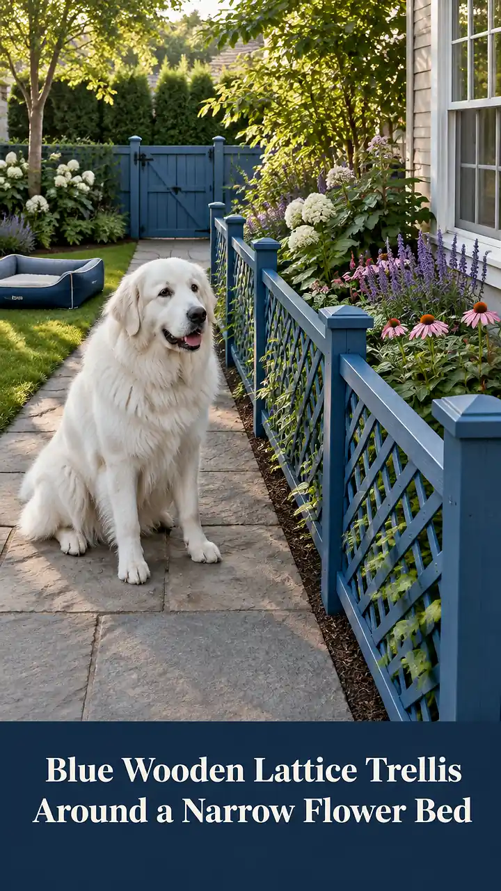 Blue Wooden Lattice Trellis Around a Narrow Flower Bed