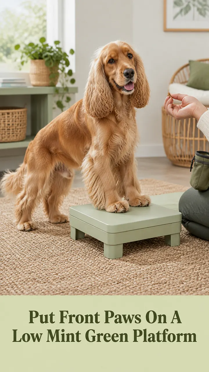 Put Front Paws On A Low Mint Green Platform