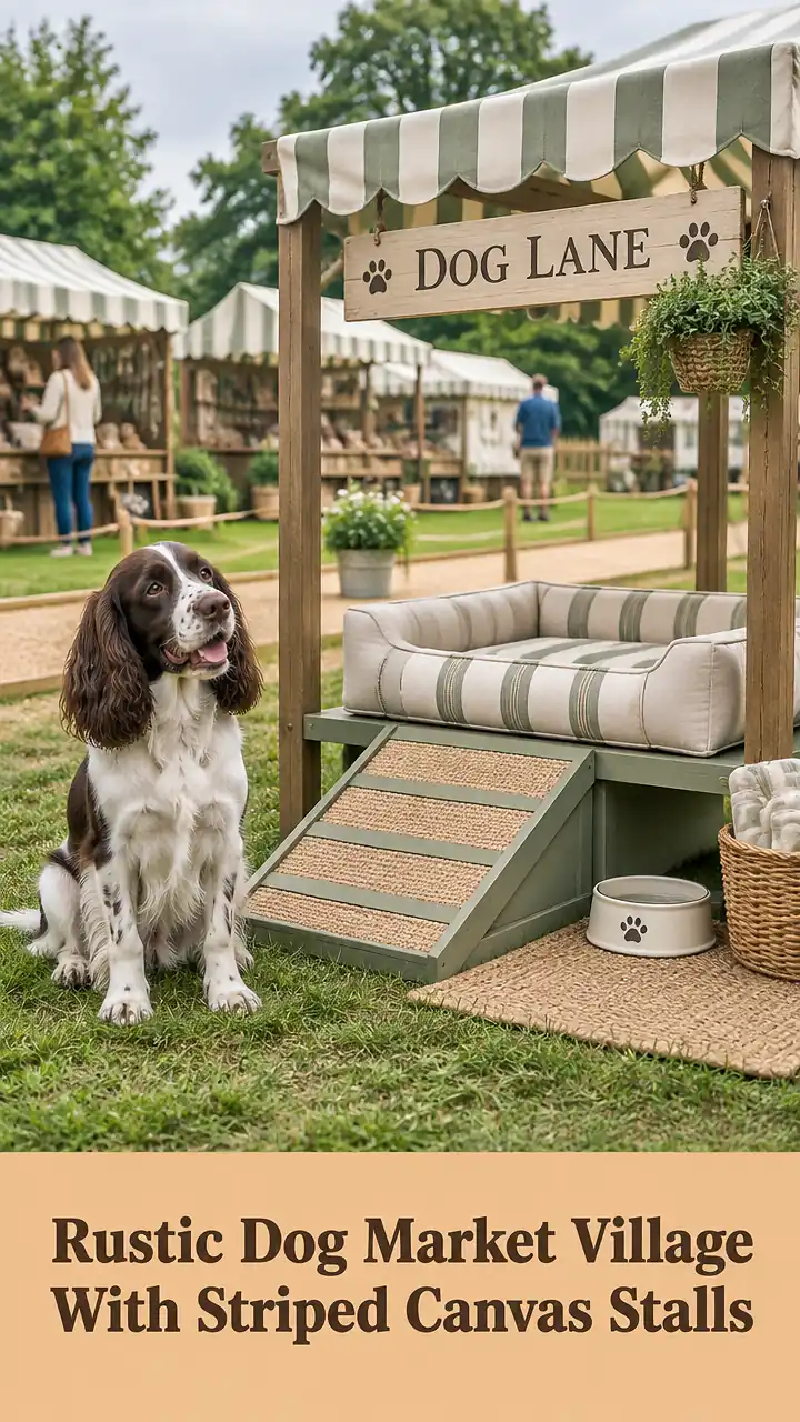 Rustic Dog Market Village With Striped Canvas Stalls