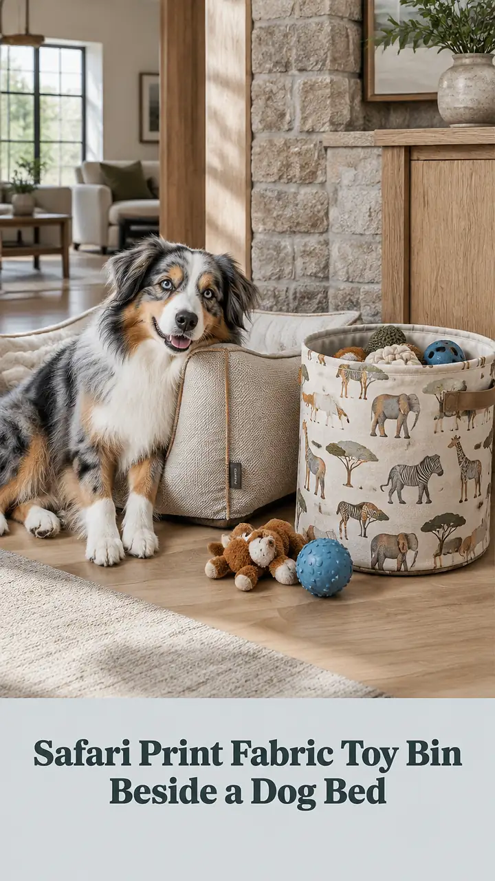 Safari Print Fabric Toy Bin Beside a Dog Bed