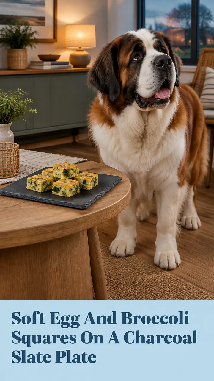 Soft Egg And Broccoli Squares On A Charcoal Slate Plate