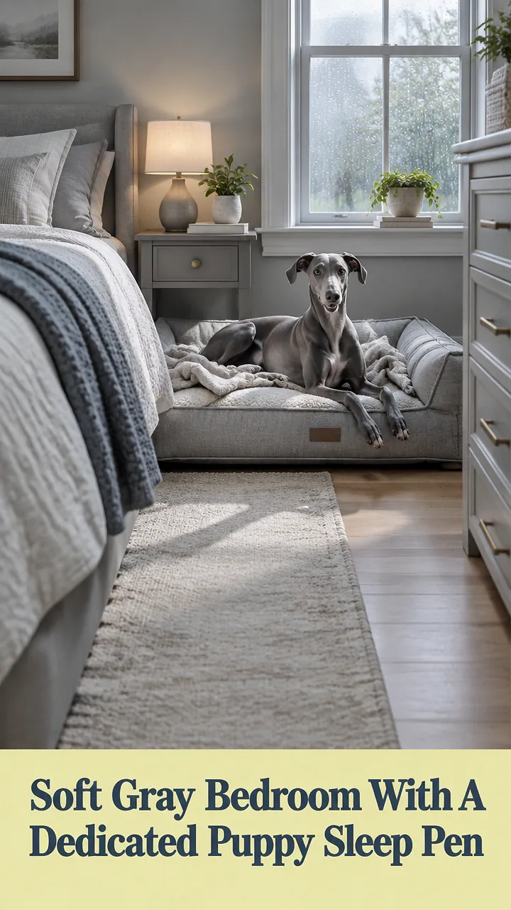 Soft Gray Bedroom With A Dedicated Puppy Sleep Pen
