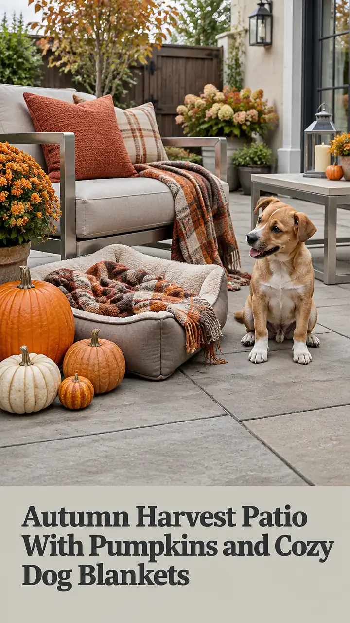 Autumn Harvest Patio With Pumpkins and Cozy Dog Blankets