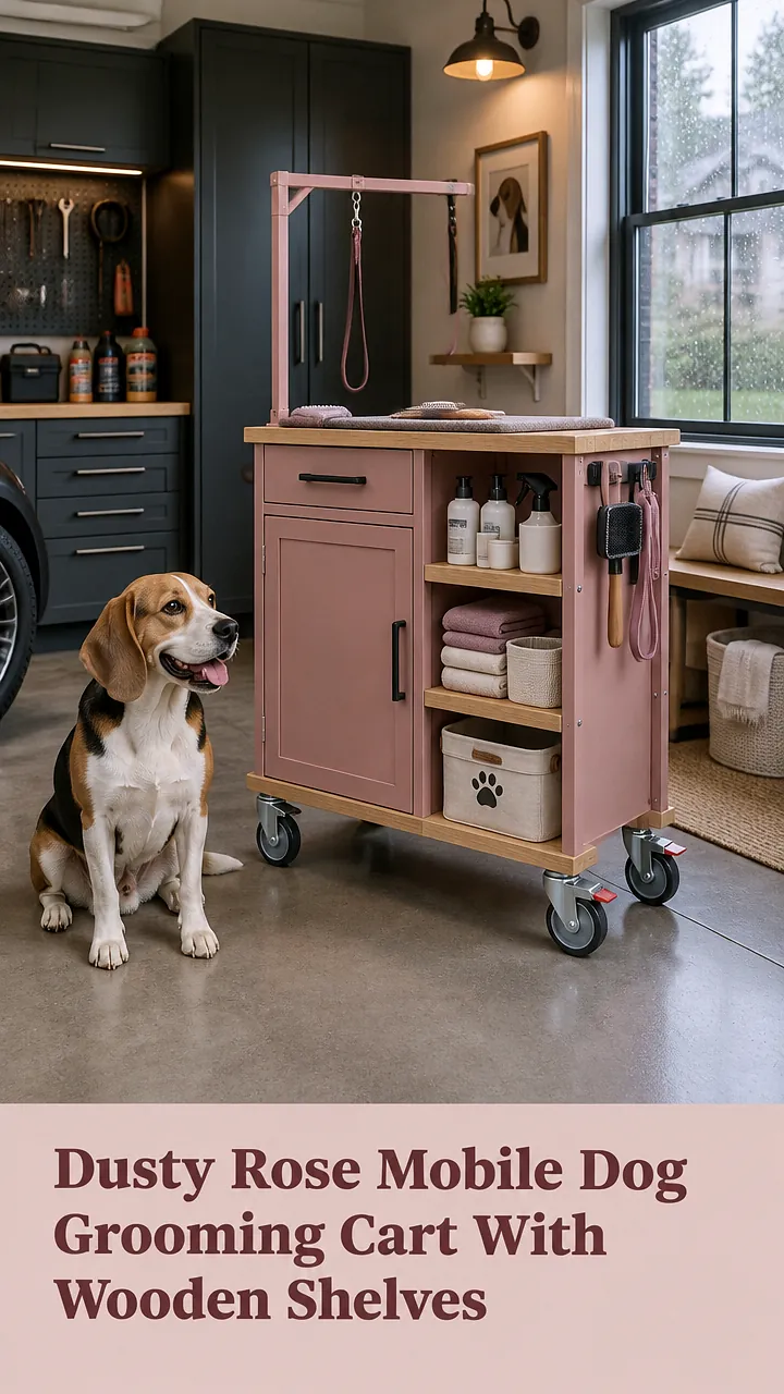 Dusty Rose Mobile Dog Grooming Cart With Wooden Shelves