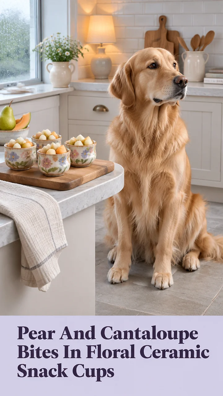 Pear And Cantaloupe Bites In Floral Ceramic Snack Cups
