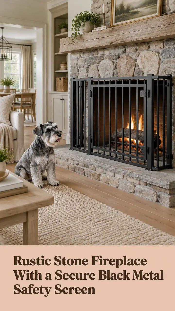 Rustic Stone Fireplace With a Secure Black Metal Safety Screen