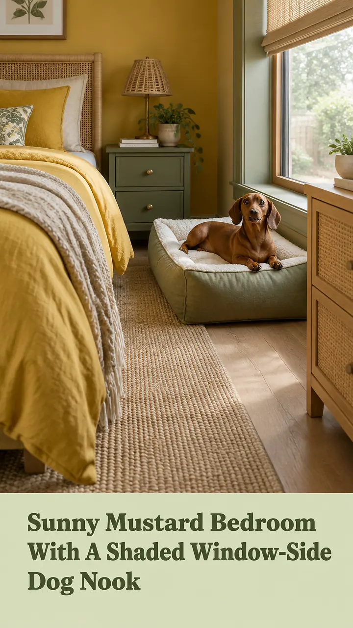 Sunny Mustard Bedroom With A Shaded Window-Side Dog Nook