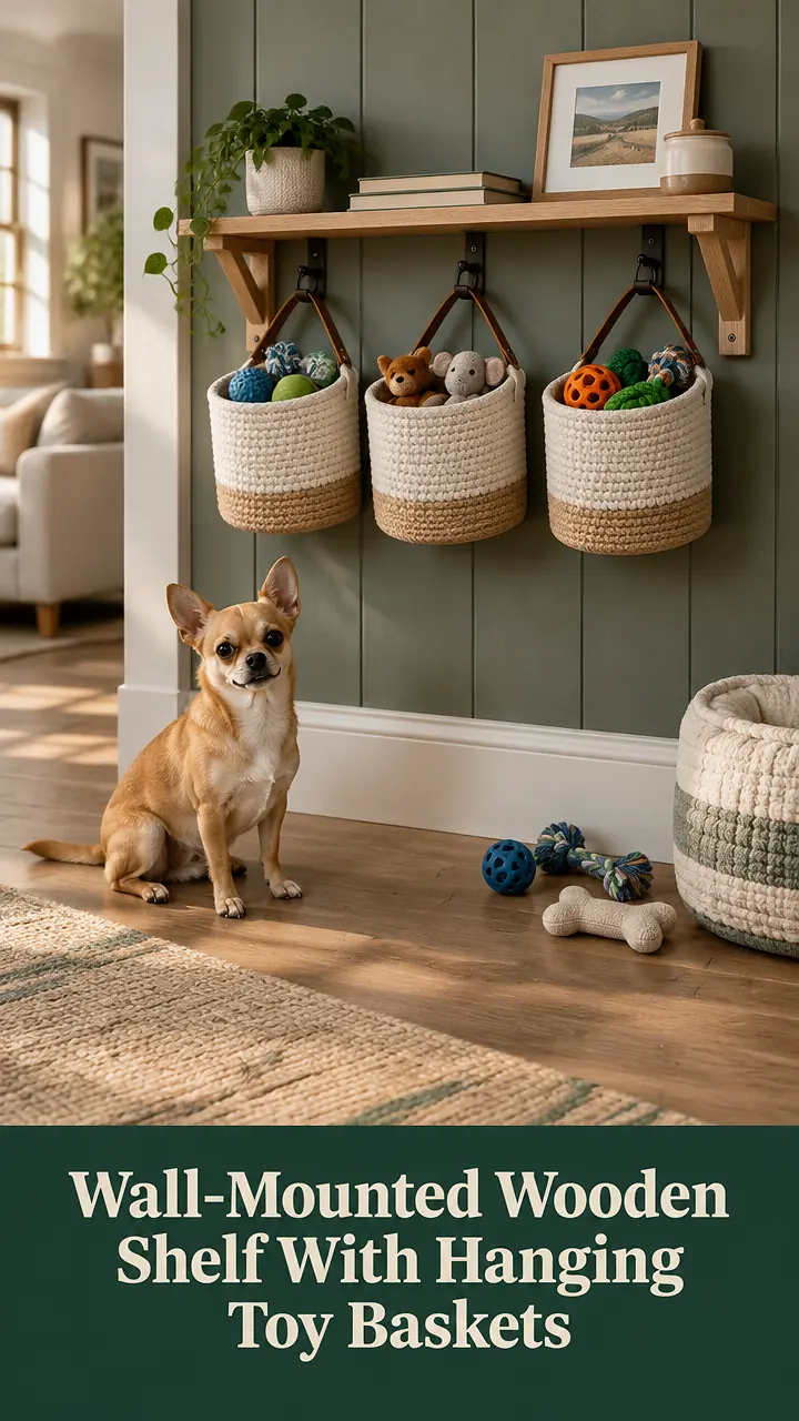 Wall-Mounted Wooden Shelf With Hanging Toy Baskets