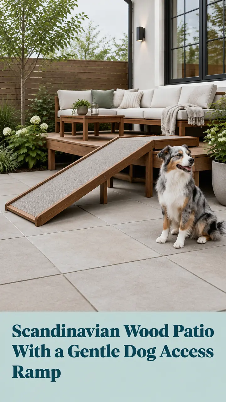 Scandinavian Wood Patio With a Gentle Dog Access Ramp