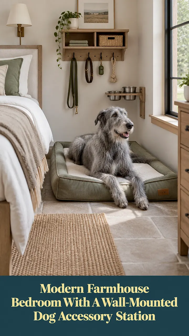 Modern Farmhouse Bedroom With A Wall-Mounted Dog Accessory Station
