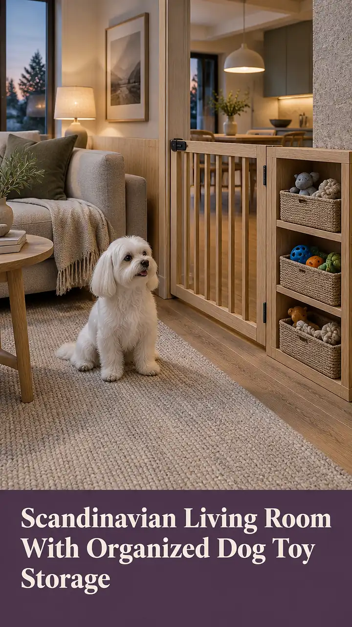 Scandinavian Living Room With Organized Dog Toy Storage