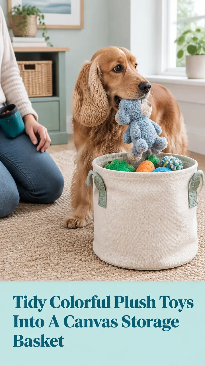 Tidy Colorful Plush Toys Into A Canvas Storage Basket