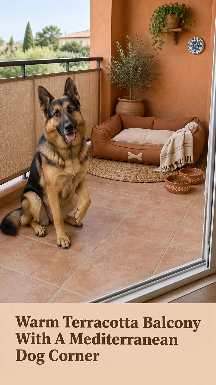 Warm Terracotta Balcony With A Mediterranean Dog Corner