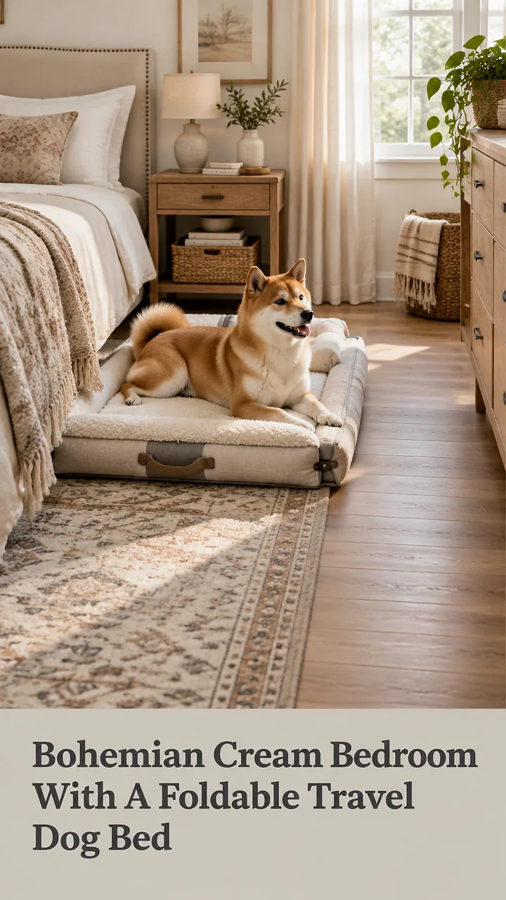Bohemian Cream Bedroom With A Foldable Travel Dog Bed