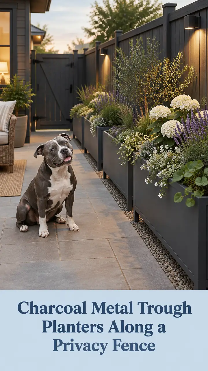 Charcoal Metal Trough Planters Along a Privacy Fence