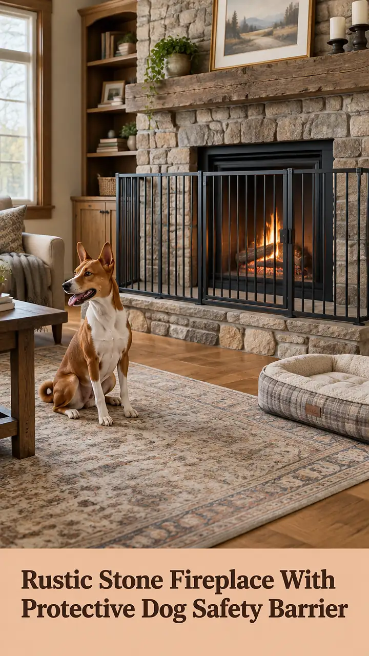 Rustic Stone Fireplace With Protective Dog Safety Barrier