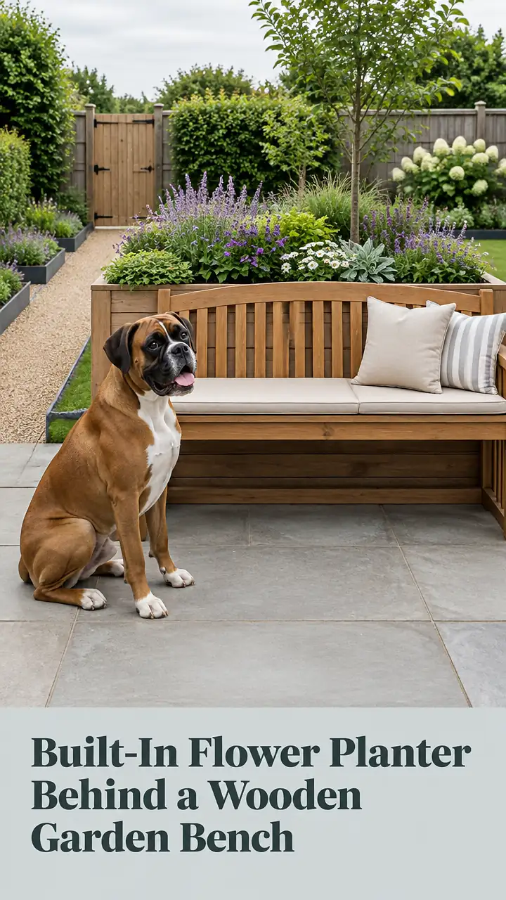 Built-In Flower Planter Behind a Wooden Garden Bench