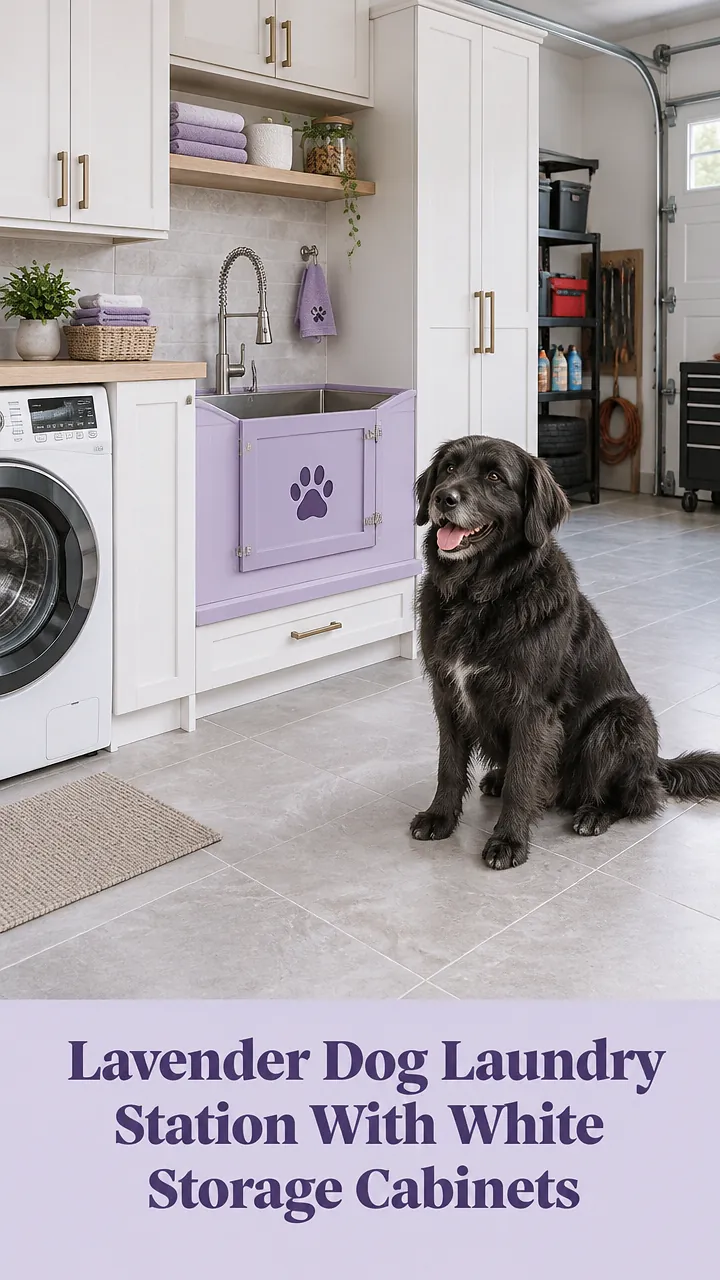 Lavender Dog Laundry Station With White Storage Cabinets