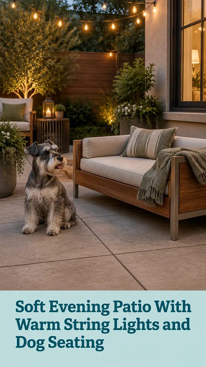 Soft Evening Patio With Warm String Lights and Dog Seating