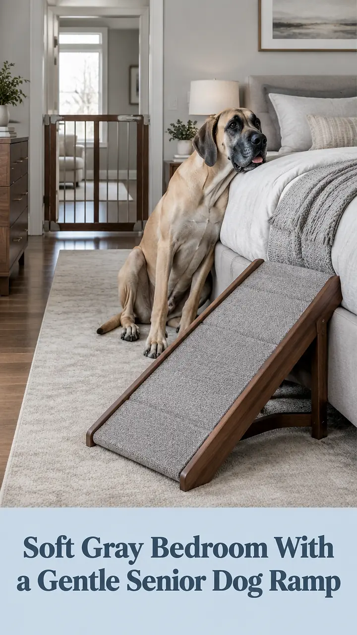 Soft Gray Bedroom With a Gentle Senior Dog Ramp