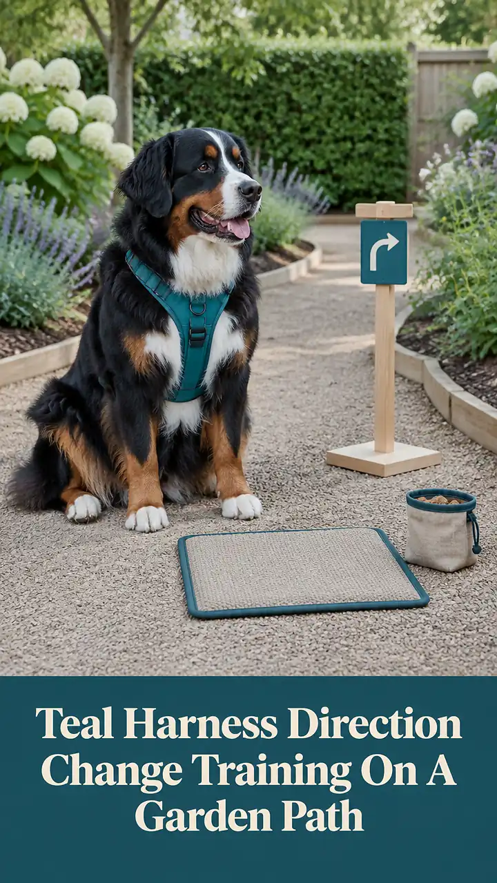 Teal Harness Direction Change Training On A Garden Path