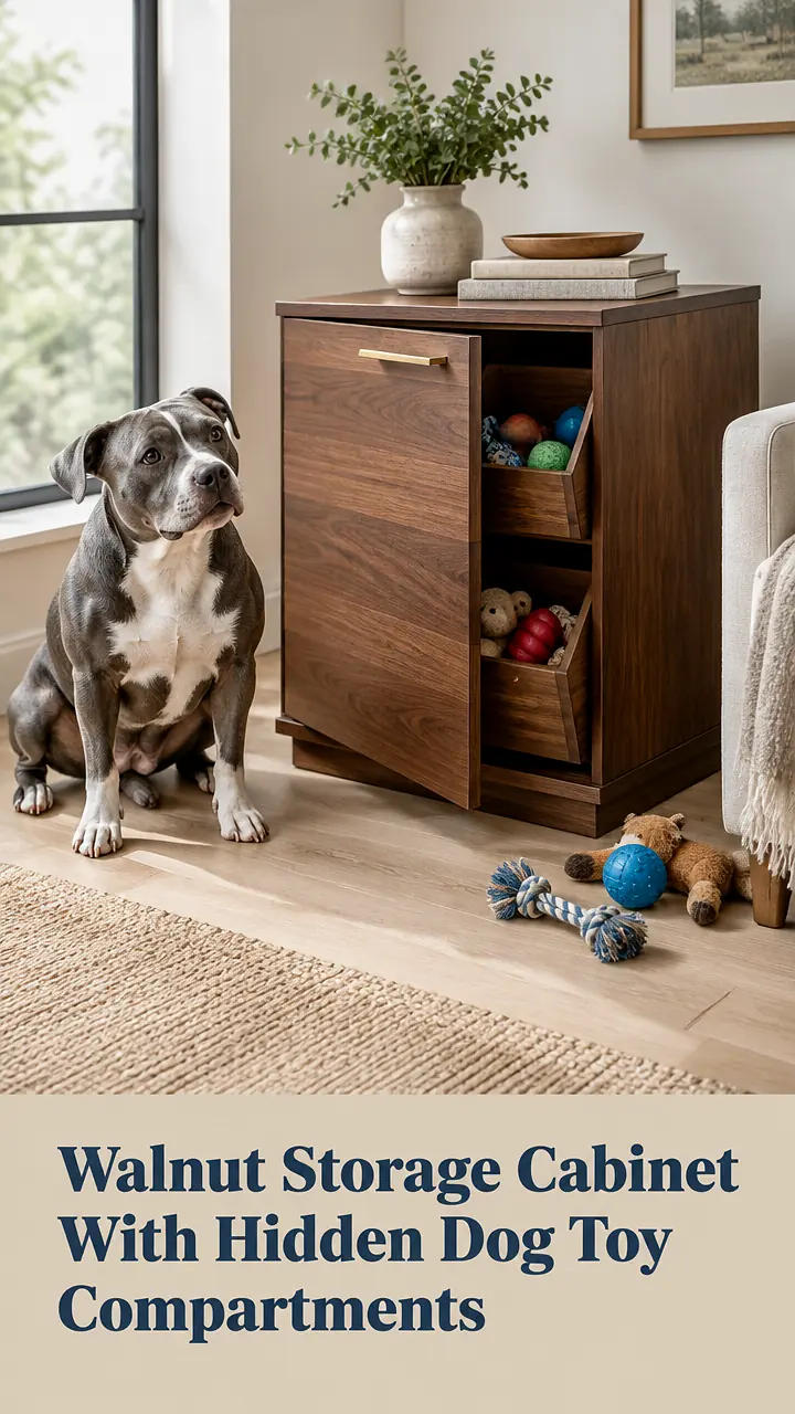 Walnut Storage Cabinet With Hidden Dog Toy Compartments