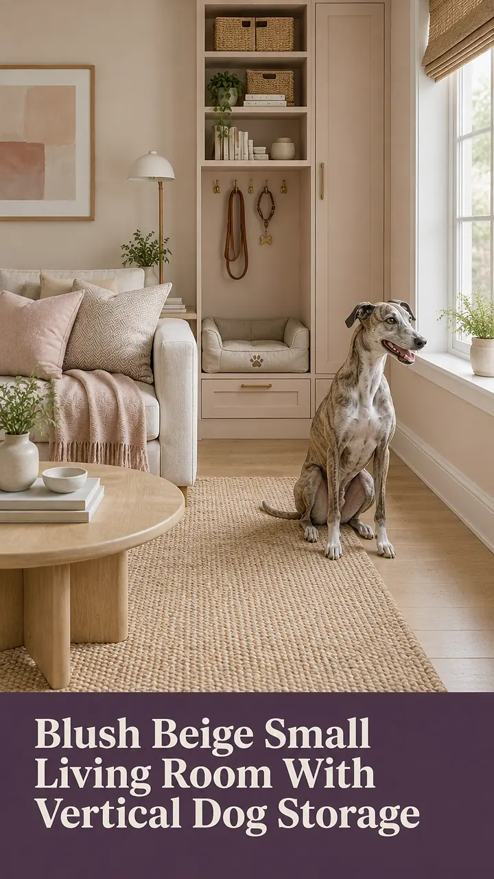 Blush Beige Small Living Room With Vertical Dog Storage