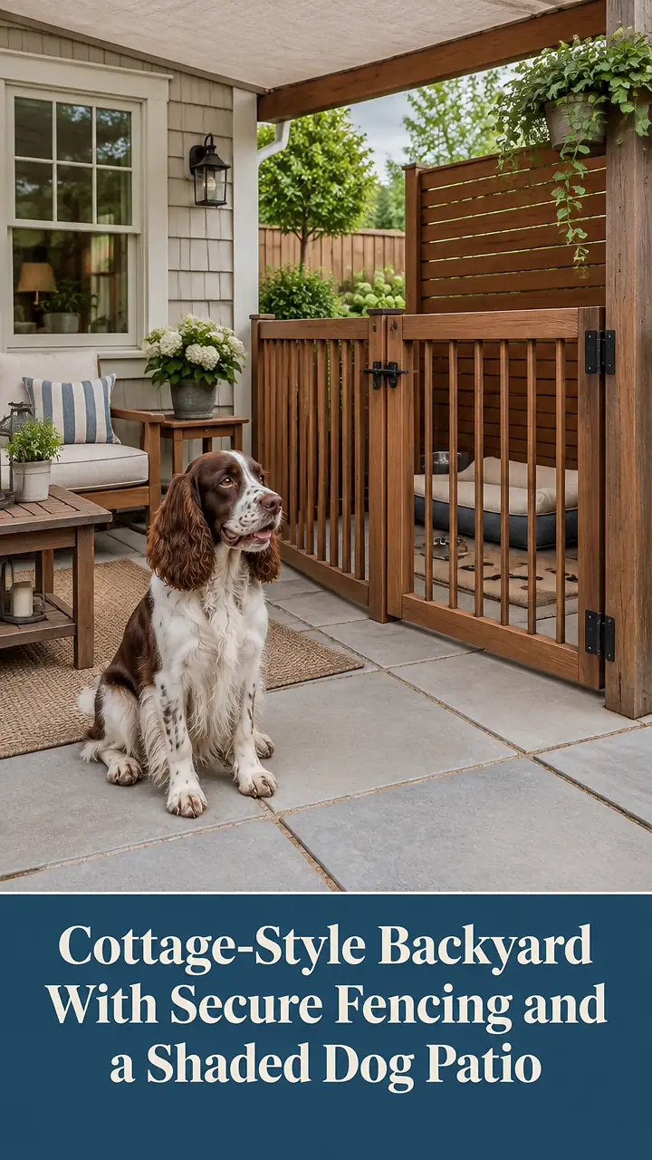 Cottage-Style Backyard With Secure Fencing and a Shaded Dog Patio