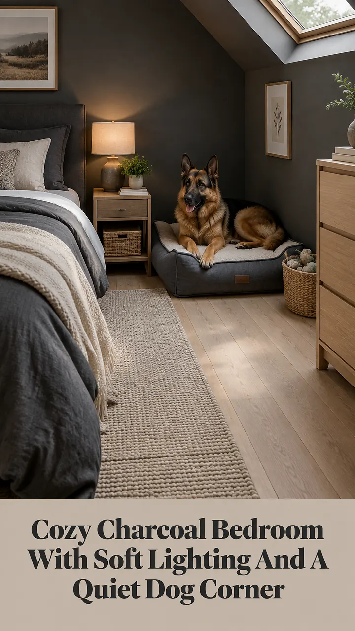 Cozy Charcoal Bedroom With Soft Lighting And A Quiet Dog Corner