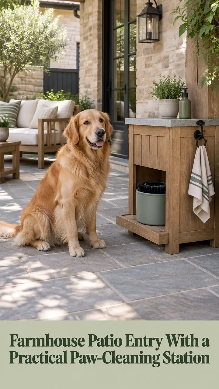 Farmhouse Patio Entry With a Practical Paw-Cleaning Station