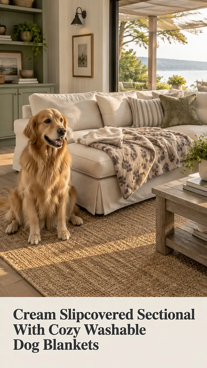 Cream Slipcovered Sectional With Cozy Washable Dog Blankets