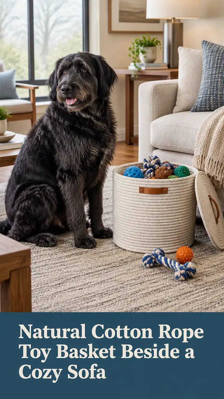Natural Cotton Rope Toy Basket Beside a Cozy Sofa