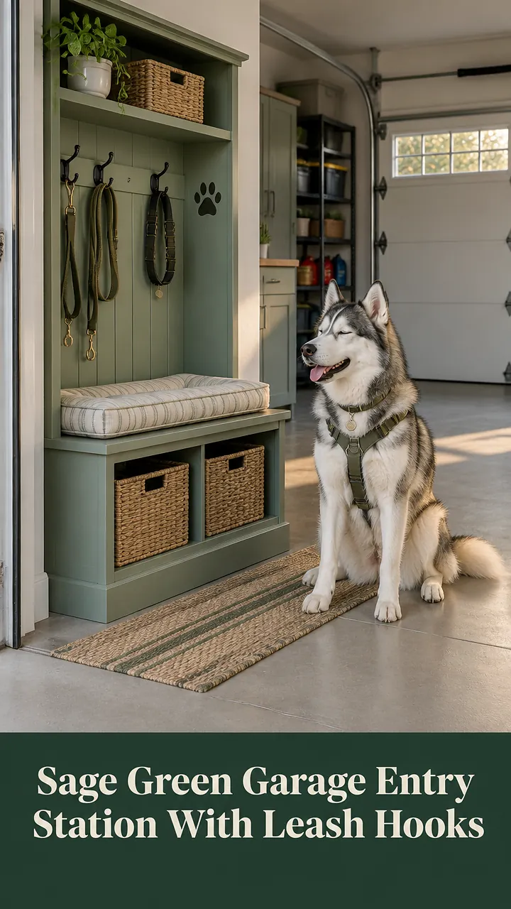 Sage Green Garage Entry Station With Leash Hooks