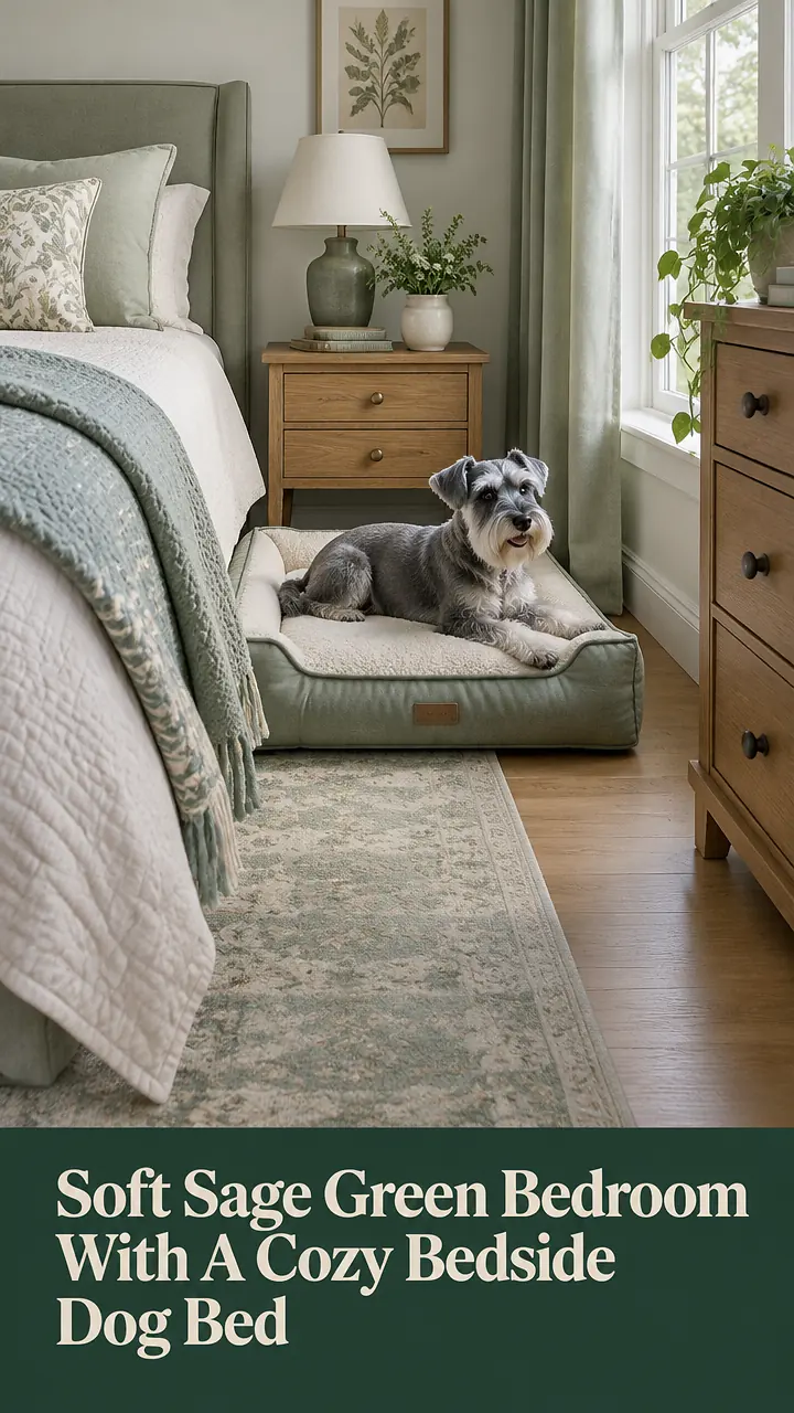 Soft Sage Green Bedroom With A Cozy Bedside Dog Bed