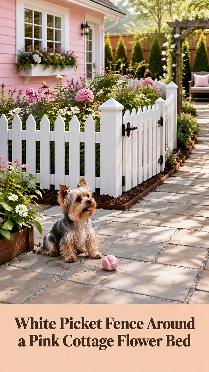 White Picket Fence Around a Pink Cottage Flower Bed