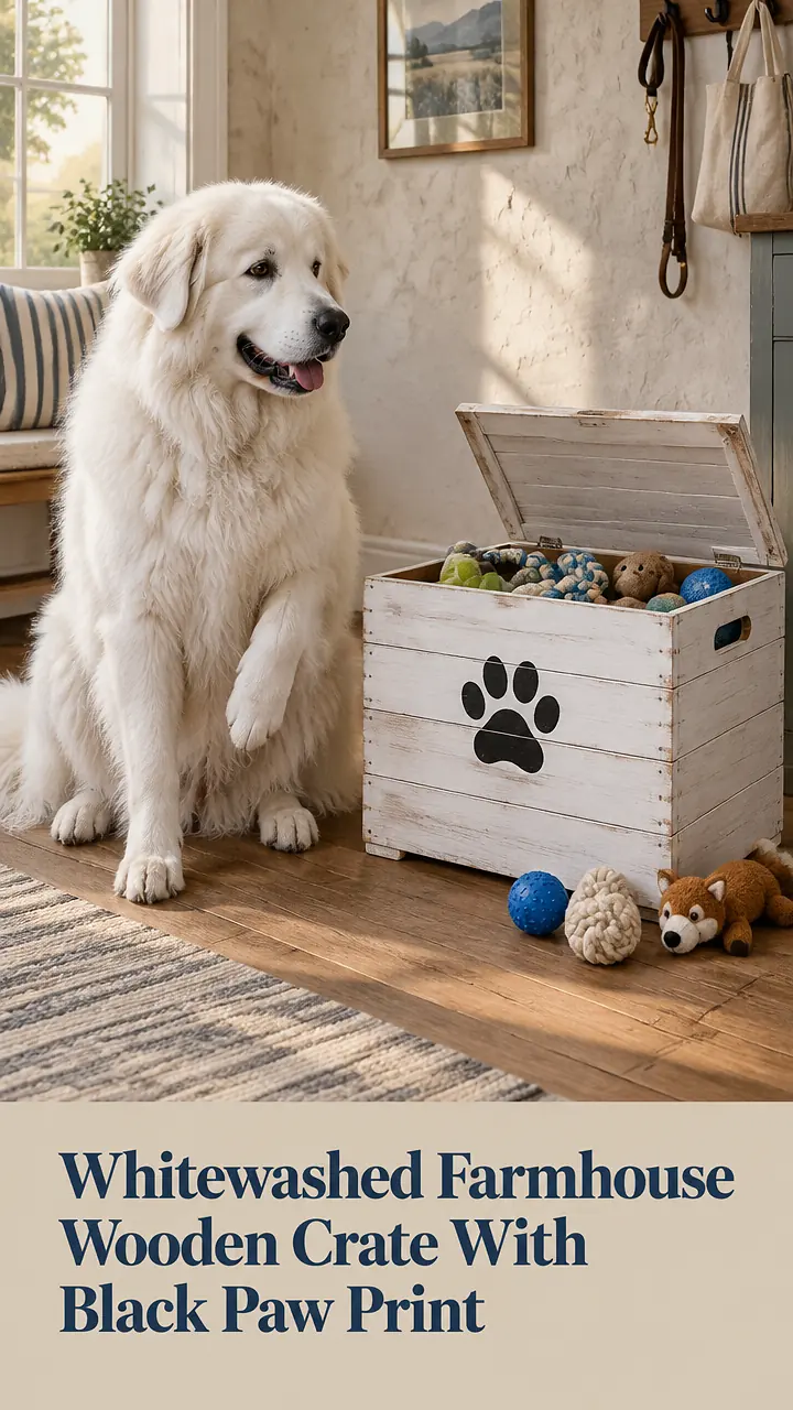 Whitewashed Farmhouse Wooden Crate With Black Paw Print