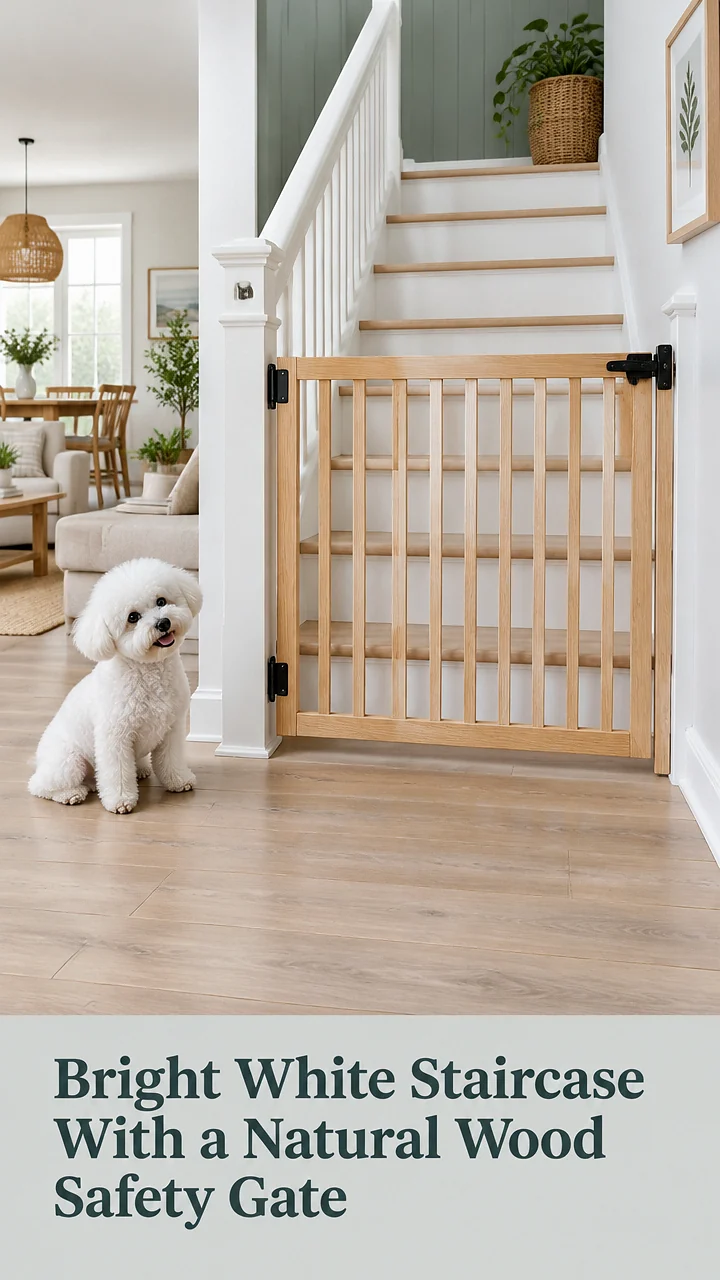 Bright White Staircase With a Natural Wood Safety Gate