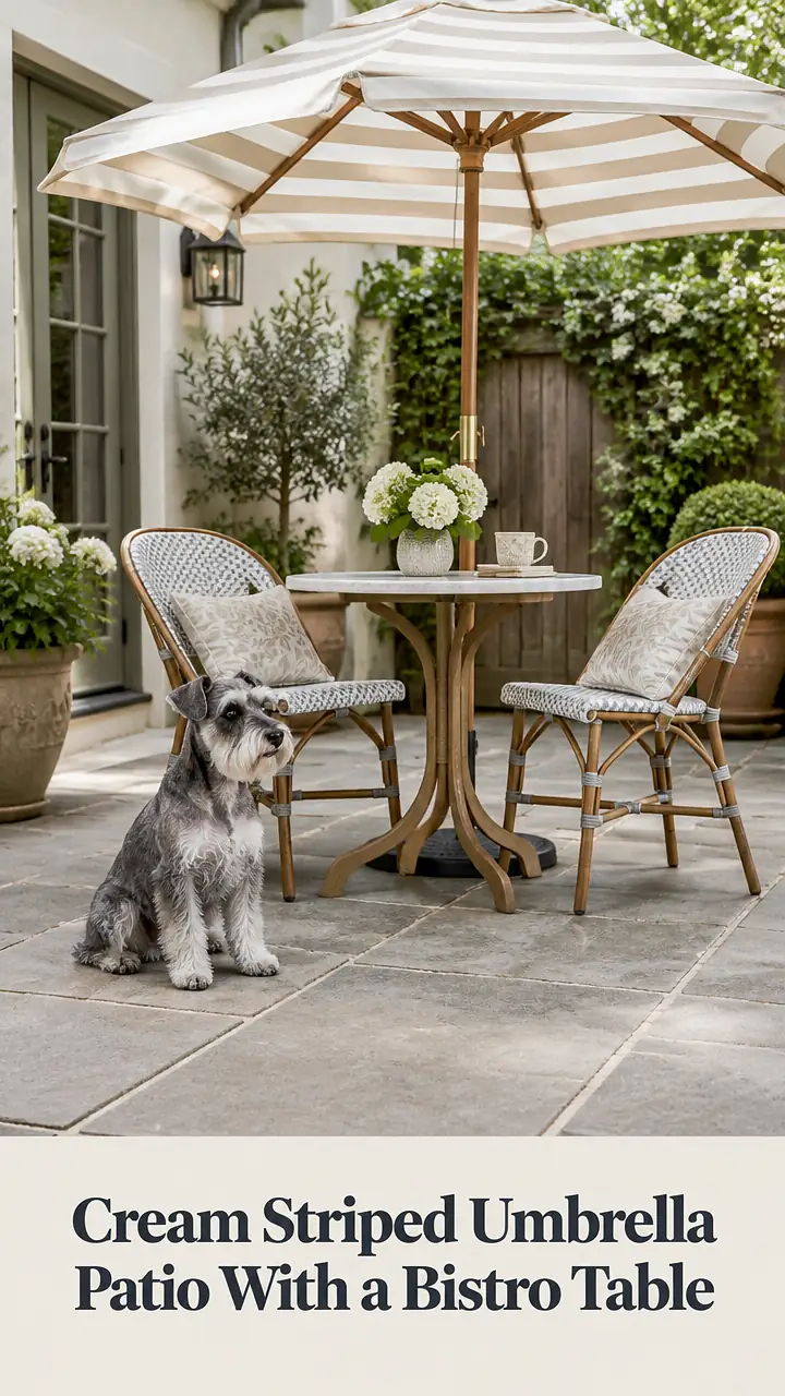 Cream Striped Umbrella Patio With a Bistro Table